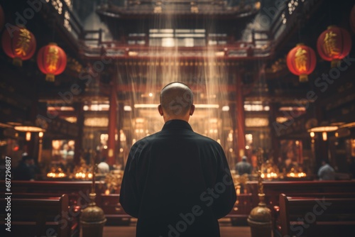 Devotion in motion: a Chinese man in deep prayer, resonating with the spiritual energy of the temple photo