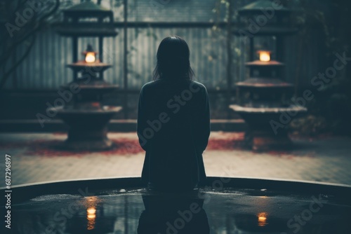 Inner tranquility captured in an image of a Chinese woman deep in prayer and meditation within the sacred precincts of a temple photo