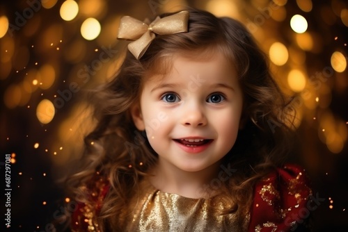 A young girl smiles amidst the enchanting glow of New Year's lights, her face illuminated by the festive ambiance, radiating pure joy