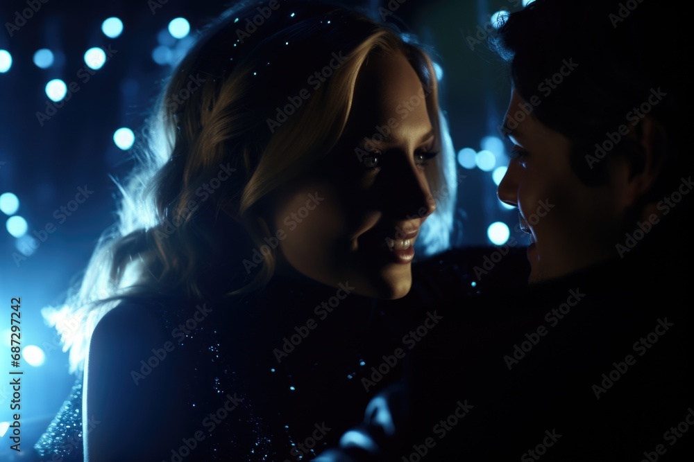 a couple of men and a woman looking at each other in dark lighting with blue tints a couple of men and a woman looking at each other in dark lighting with blue tints