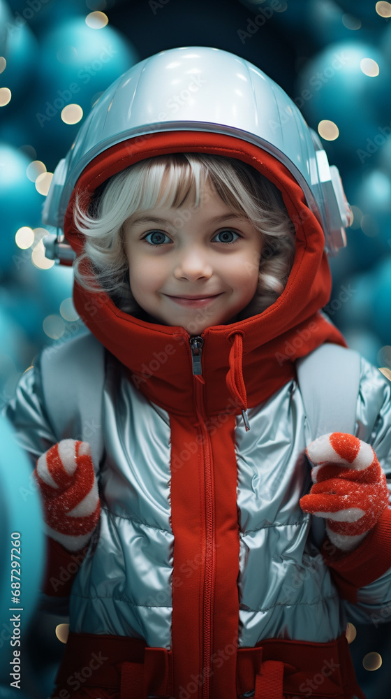 Happy smiling 6 years old boy wearing Santa costume, futuristic planet background, AI Generative Happy smiling 6 years old boy wearing Santa costume, futuristic planet background, AI Generative