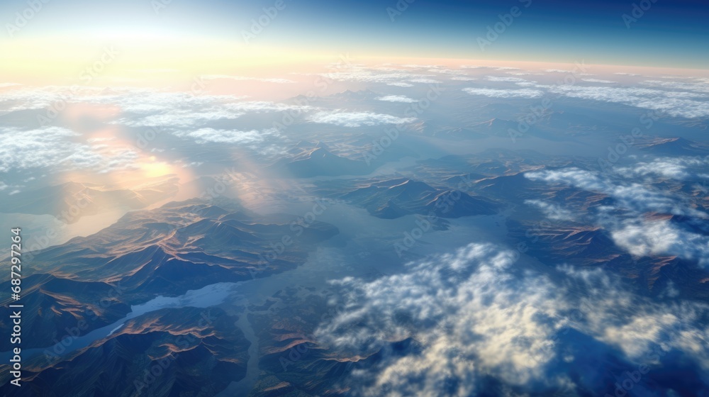Beautiful landscape view from the airplane illuminator window. Travel concept background Beautiful landscape view from the airplane illuminator window. Travel concept background