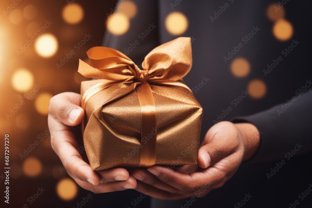 Festive hues in hand: a hands-on display of a colorful gift, spreading the cheer and excitement synonymous with the joyous Gift-Giving Day Festive hues in hand: a hands-on display of a colorful gift, spreading the cheer and excitement synonymous with the joyous Gift-Giving Day