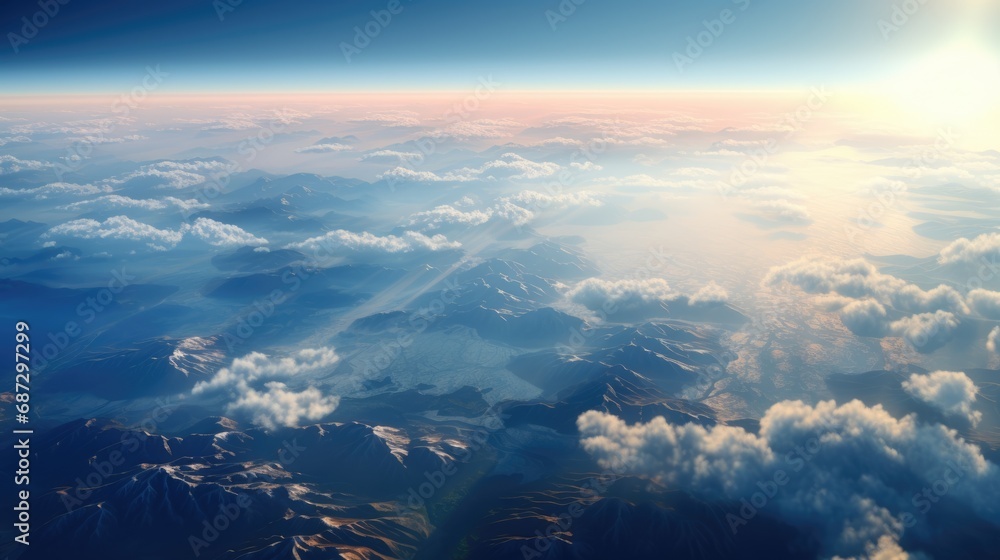 Beautiful landscape view from the airplane illuminator window. Travel concept background Beautiful landscape view from the airplane illuminator window. Travel concept background