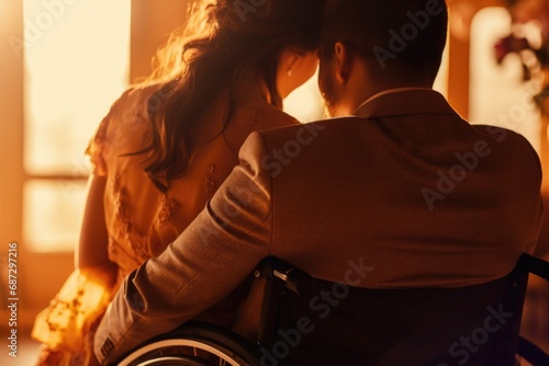 In a tender Valentine's Day moment, a man in a wheelchair and a woman share a loving gaze, exemplifying the enduring power of love