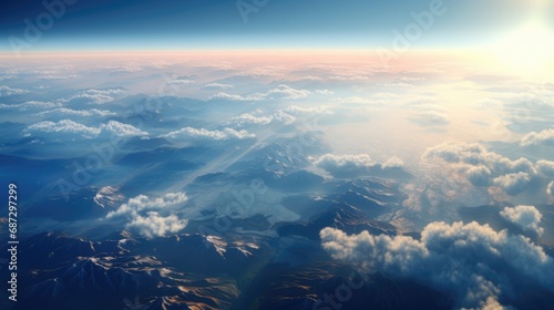 Beautiful landscape view from the airplane illuminator window. Travel concept background photo