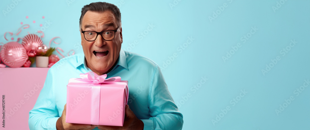Christmas Elation: A festive image capturing the pure elation of a grandfather as he joyfully embraces a substantial Christmas present Christmas Elation: A festive image capturing the pure elation of a grandfather as he joyfully embraces a substantial Christmas present