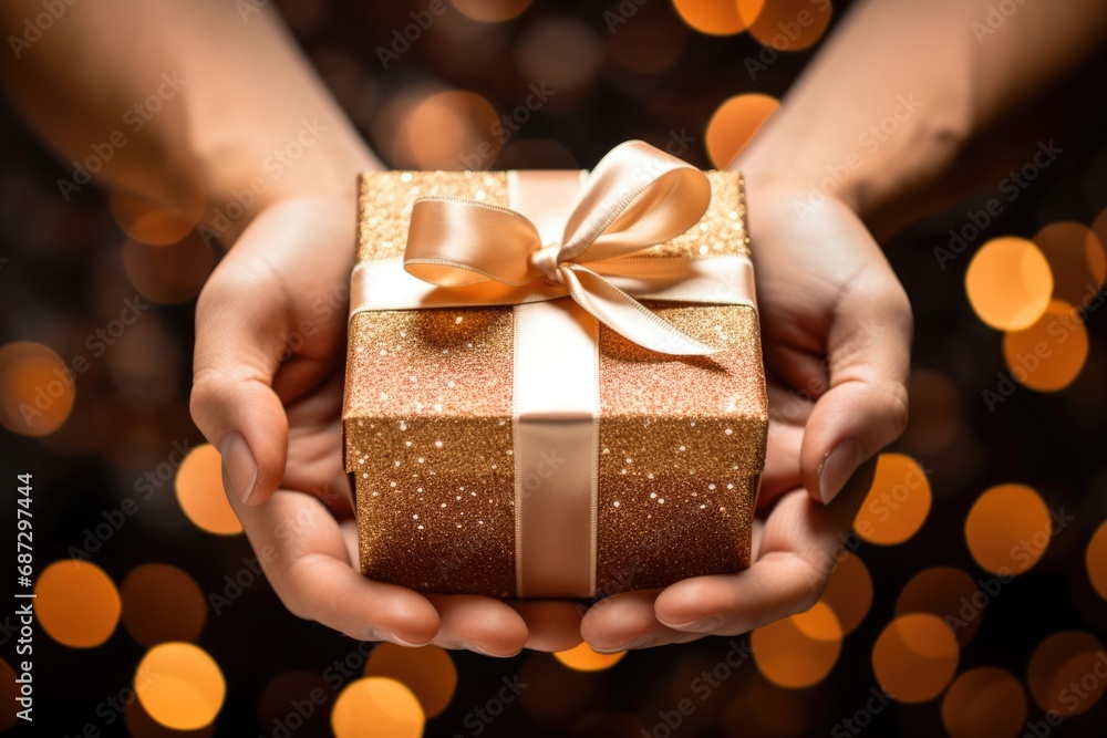 hands holding a gift against the background of holiday lights hands holding a gift against the background of holiday lights