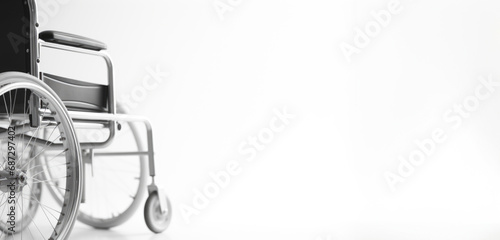 White Canvas of Possibilities: An unoccupied wheelchair on a white backdrop, representing a canvas ready to be painted with stories of resilience and triumph, banner, copyspace