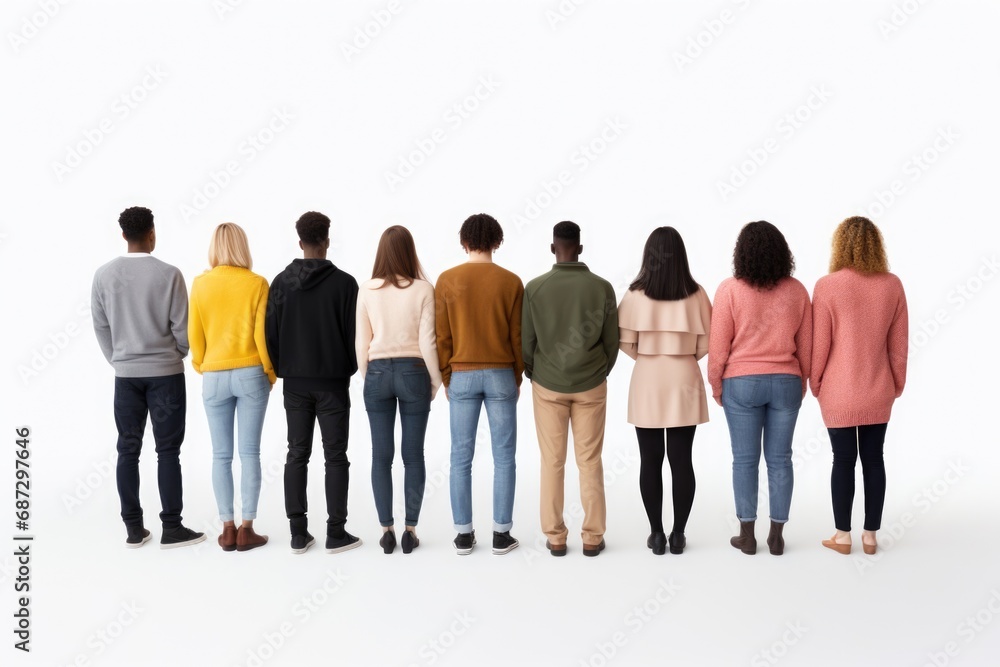 A group of women and men standing together, backs turned, against a clean white background, symbolizing diversity and togetherness A group of women and men standing together, backs turned, against a clean white background, symbolizing diversity and togetherness