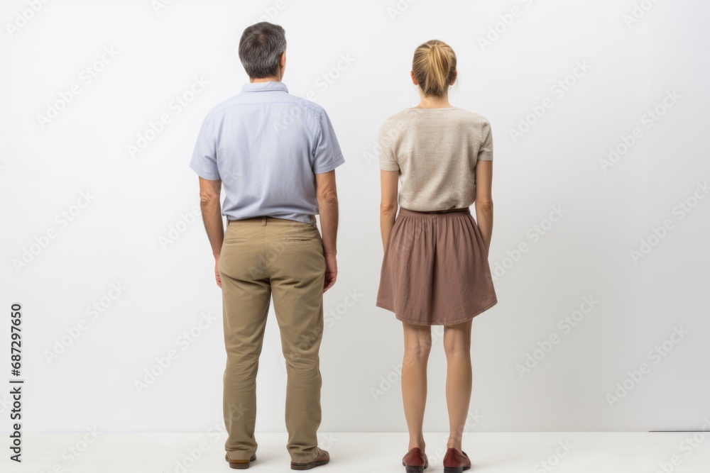 A woman and a man standing back-to-back against a clean white background, symbolizing unity, partnership, and shared perspectives A woman and a man standing back-to-back against a clean white background, symbolizing unity, partnership, and shared perspectives