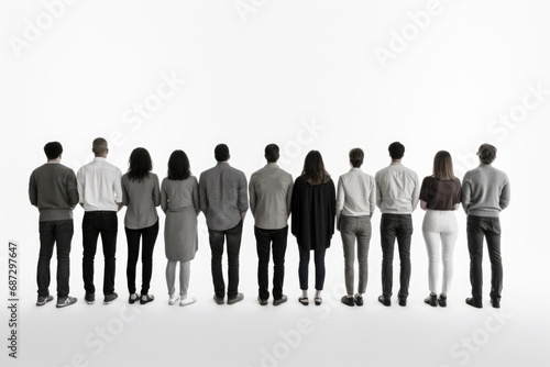 Individuals with their backs turned, forming a group against a neutral white canvas, suggesting hidden perspectives and untold stories
