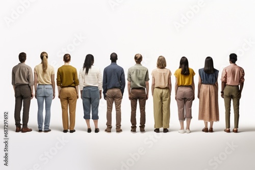A diverse group of women and men standing side by side, facing away, projecting a collective and unified presence against a white background