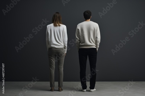 A visual representation of a woman and a man standing together, backs turned, creating a sense of connection and complementarity against a neutral canvas. photo