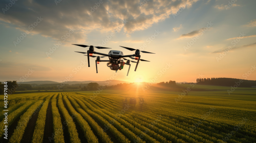 Drone flying over agricultural fields during sunset, with the fields arranged in neat rows below. Drone flying over agricultural fields during sunset, with the fields arranged in neat rows below.