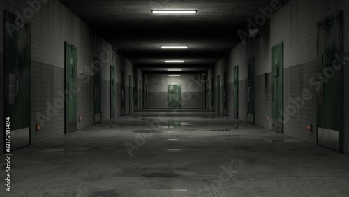 Empty prison corridor with lights turning on. Wet floor, locked doors, brick walls and megaphones hanging on the walls. 3d render. Seamless loop. photo
