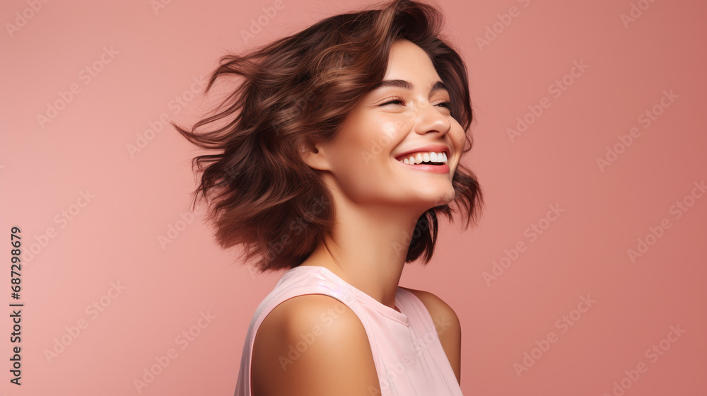 Fototapeta premium Portrait of young european fashionable female model, shot from the side, smiling, looking to the side, pink background