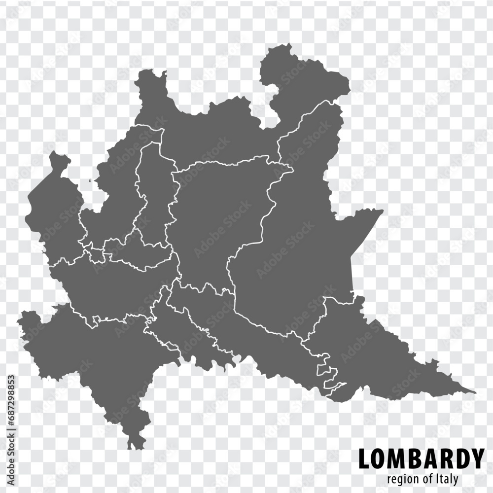 Blank map Lombardy of Italy. High quality map Region Lombardy with municipalities on transparent background for your web site design, logo, app, UI.  EPS10.