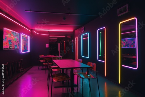 Bar interior with vibrant neon lights -atmospheric and stylish ambiance. Lighting enhances the modern futuristic aesthetic, lively and visually appealing setting for socializing and enjoying drinks. photo