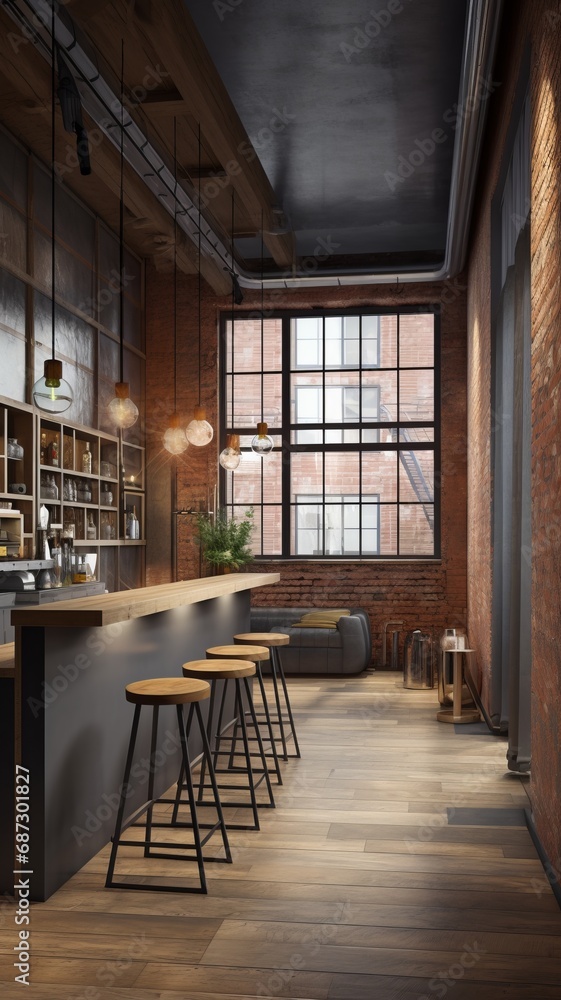 Loft style bar interior features industrial aesthetics with exposed brick, pipes, and open space. The design exudes a raw, urban charm, trendy and relaxed atmosphere for social gatherings and drinks.