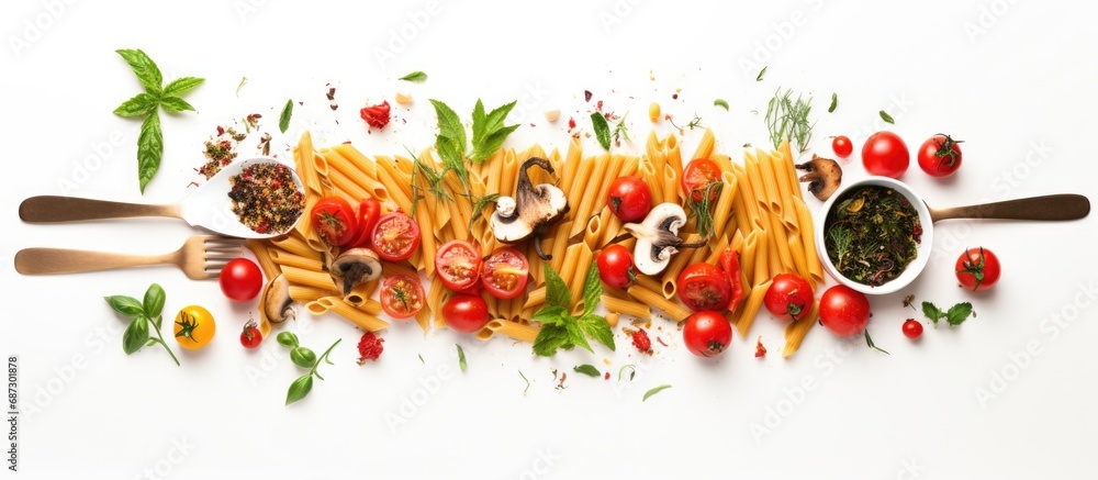 A white background with an isolated fork maccheroni pasta mushrooms tomatoes and herbs seen from above Copy space image Place for adding text or design
