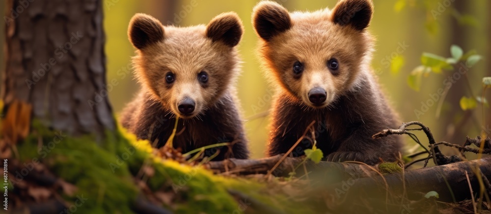 A pair of young brown bear cubs in the European wilderness without their mother Copy space image Place for adding text or design A pair of young brown bear cubs in the European wilderness without their mother Copy space image Place for adding text or design