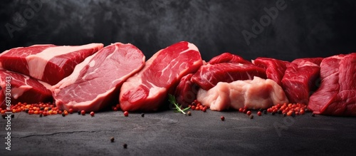 Assortment of fresh organic raw red meat in a supermarket s meat department Copy space image Place for adding text or design