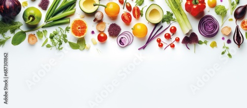 Assorted fresh vegan ingredients for clean eating concept arranged on white wooden surface Copy space image Place for adding text or design