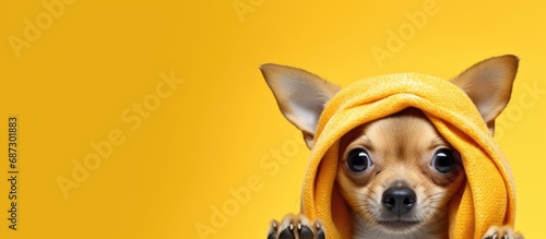 A chihuahua paws on head covering ears cute Copy space image Place for adding text or design photo