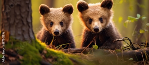 A pair of young brown bear cubs in the European wilderness without their mother Copy space image Place for adding text or design