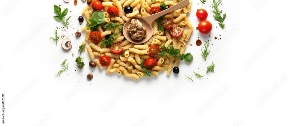 A white background with an isolated fork maccheroni pasta mushrooms tomatoes and herbs seen from above Copy space image Place for adding text or design