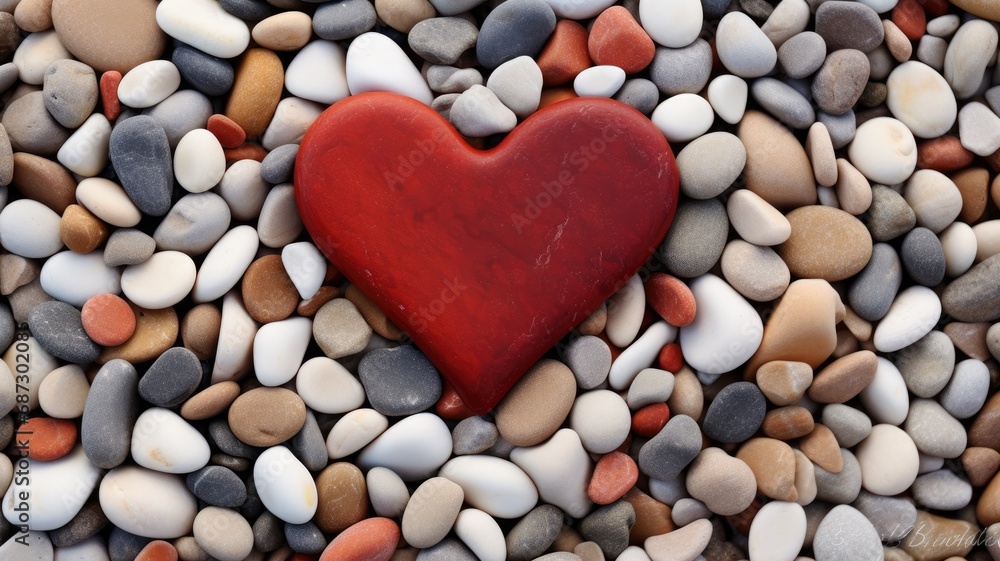 Obraz premium A red heart-shaped stone nestled among multicolored pebbles