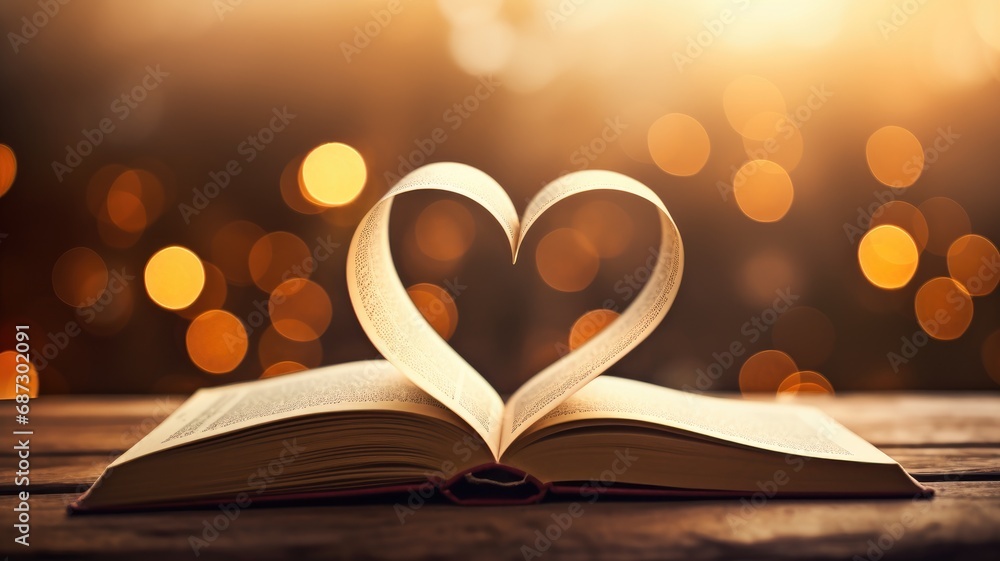 An open book with pages folded into a heart shape against a bokeh light background An open book with pages folded into a heart shape against a bokeh light background
