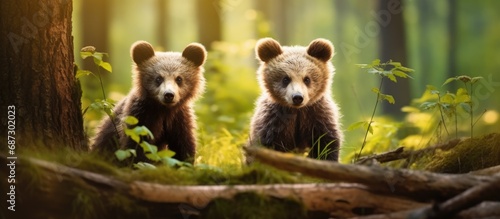 A pair of young brown bear cubs in the European wilderness without their mother Copy space image Place for adding text or design