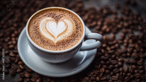 A cappuccino with a heart-shaped foam design on a background of coffee beans