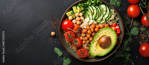 Avocado quinoa sweet potato tomato spinach and chickpeas vegetable salad in a healthy vegan lunch bowl Copy space image Place for adding text or design