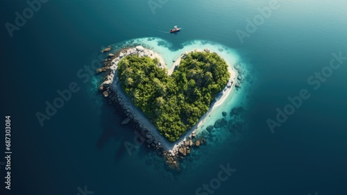 Aerial view of a lush heart-shaped island surrounded by turquoise waters