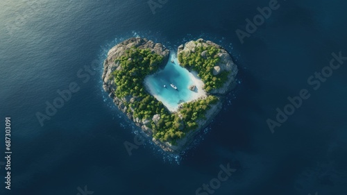 Aerial view of a natural heart-shaped formation on an island with a boat nearby © Artyom