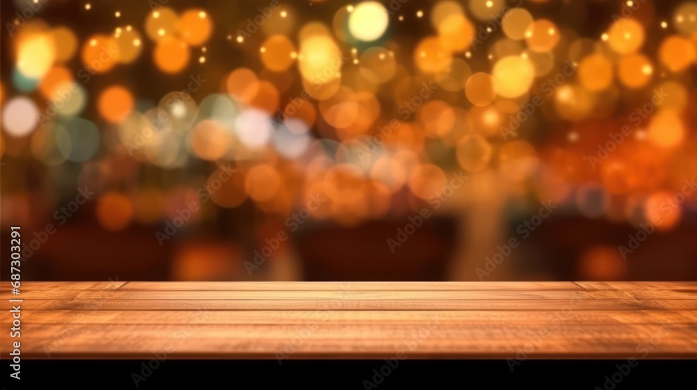 Warmly lit bokeh lights behind a rich, textured wooden table surface, creating a festive and inviting holiday backdrop