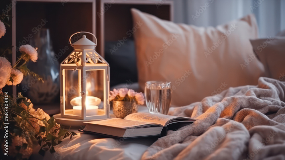 A cozy bedroom with a soft glow from a lantern, fresh flowers, a glass of water, and an open book on the bed, inviting a peaceful reading time