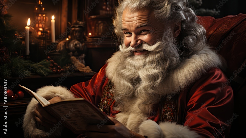 Obraz premium Jovial Santa Claus in red suit reading a book, seated comfortably in an ornate armchair by a warm, festive fireplace adorned with candles and Christmas decor.
