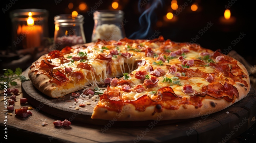 A delicious, freshly baked pizza with melting cheese, pepperoni, and ham, garnished with herbs on a rustic wooden table, lit by candlelight