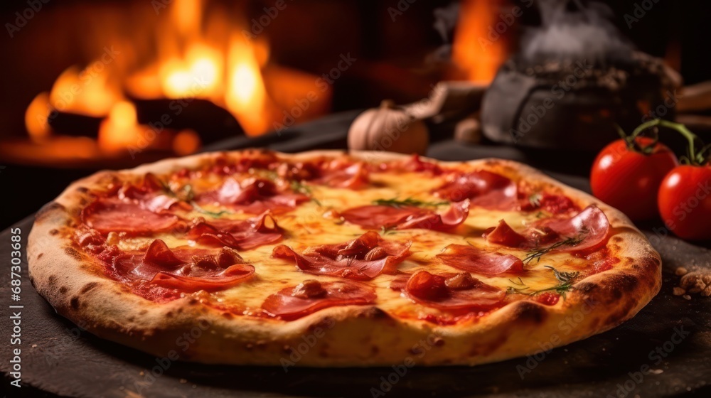 Mouthwatering wood fired pizza with a perfect blend of melted cheese, pepperoni, and fresh herbs, ready to be enjoyed by a glowing hearth