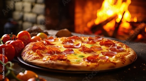 Freshly baked pepperoni pizza with bubbling cheese and vibrant tomatoes, presented on a rustic table against a fiery wood oven backdrop