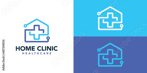 Home Clinic Logo Design Template. Home with Crosshealth and Stethoscope with Minimalist Style. Hospital Logo Icon Symbol Vector Illustration.
