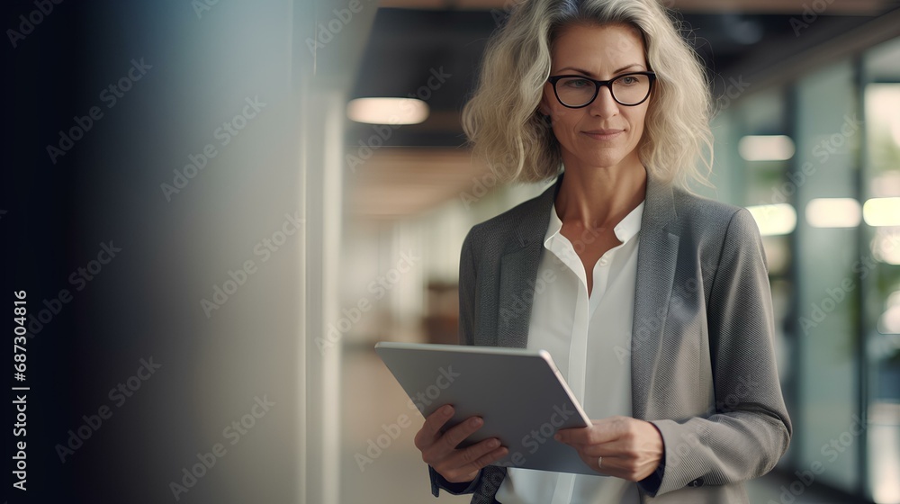Mature busy business woman financial manager using digital tablet working in office. professional businesswoman executive holding tab technology device standing at work. generative AI - obrazy, fototapety, plakaty 