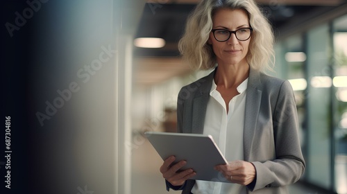 Mature busy business woman financial manager using digital tablet working in office. professional businesswoman executive holding tab technology device standing at work. generative AI