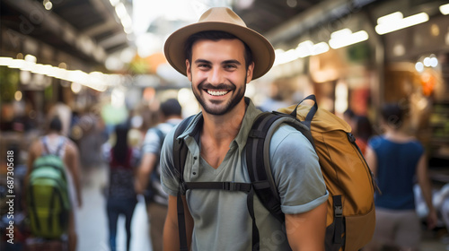 Happy young tourist man smiling, wearing a hat and a backpack, looking at the camera, standing on an open city marketplace surrounded by stands with products and customer people walking around