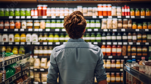 Close up rearview photography of a man in a supermarket or grocery store looking at the shelf full of products, comparing prices and choosing what to buy, male customer behavior in a grocery shopping