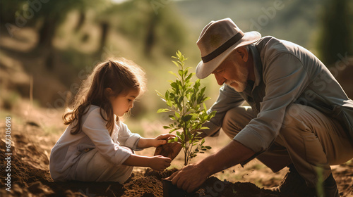 Grandfather and his young granddaughter planting a tree in the ground. Female child, girl working together with her grandfather in the garden, dirty hands from soil. Plant growing, green environment photo